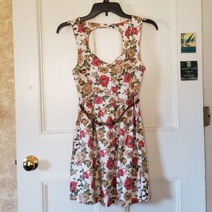 Forever 21 MEDIUM white floral dress pink yellow belt cut-out back